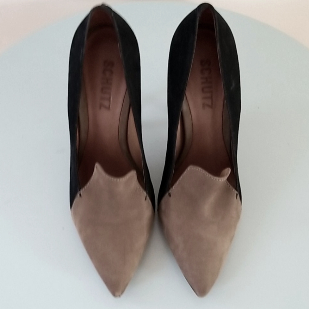 Schutz Black & Tan Pointy Toe Loafer Suede Pumps - Picture 4 of 14